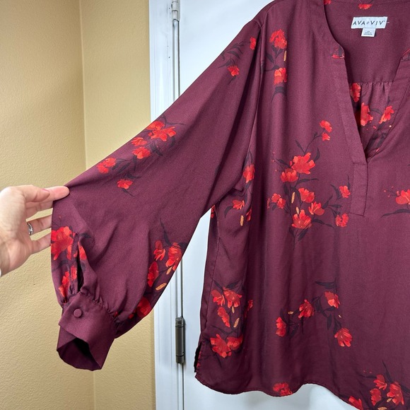 Ava & Viv Target Red Balloon Sleeve Floral V-Neck Pullover Blouse Plus Size 2X - Picture 4 of 9